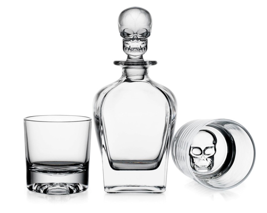 Glaswaren Und Barzubehor Godinger | 3-Teiliges Whisky-Dekanter-Set Mit Totenkopf-Motiv